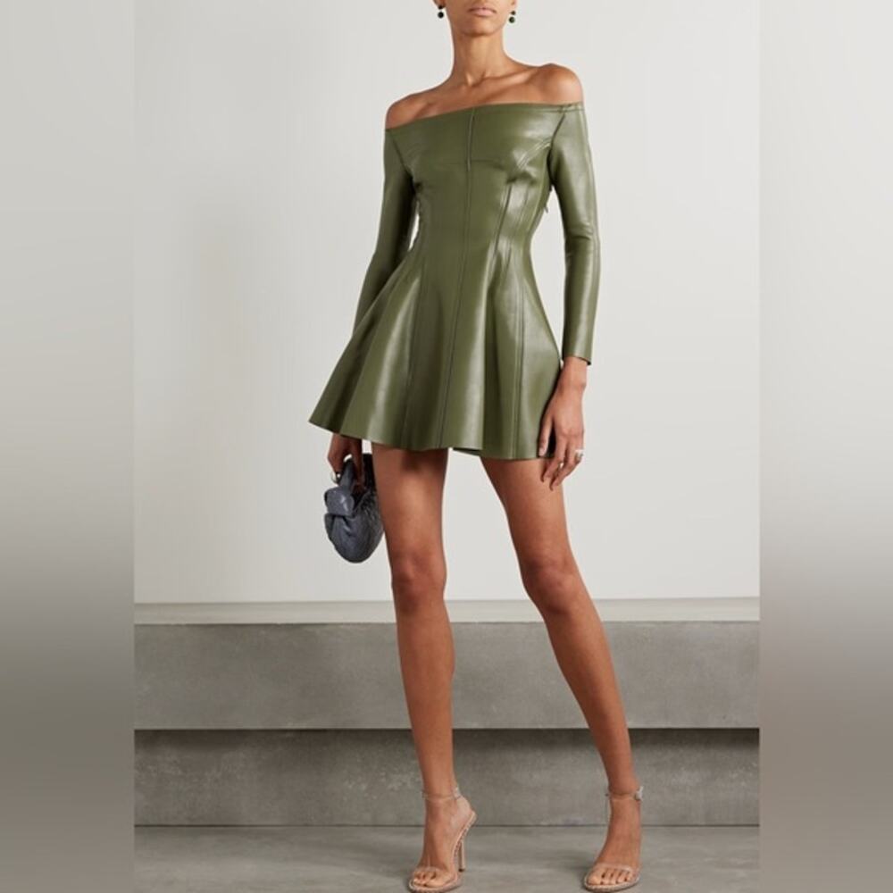Norma Kamali Olive Green Off-Shoulder Mini Dress